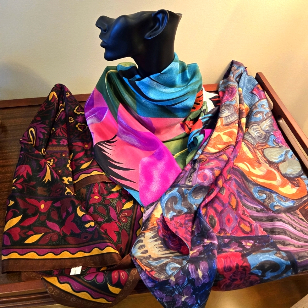 Three Square, Silk Print Scarfs, Vivid Colors, Abstract, and Tropical Prints